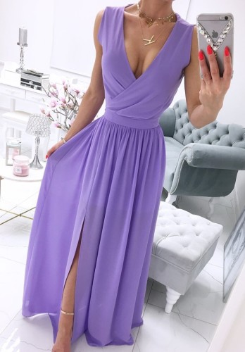 Vestido maxi largo de gasa sin mangas con envoltura púrpura informal de verano
