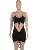 Summer Sexy Black Cut Out Ruched Strap Bodycon Dress