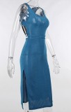 Summer Formal Blue Sleeveless Slit Long Evening Dress