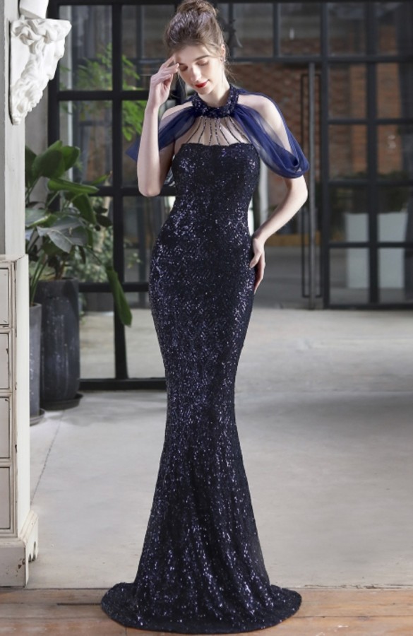 Summer Formal Blue Sequins Patch Mermaid Evening Dress