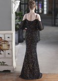 Summer Formal Black Sequins Patch Strap Mermaid Evening Dress