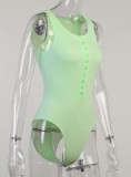 Summer Green Ribbed Button Up Sleeveless Basic Bodysuit