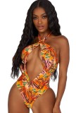 Summer Sexy Print Cut Out O-Ring Halter Bodysuit