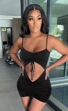 Summer Sexy Black Cut Out Ruched Strap Bodycon Dress