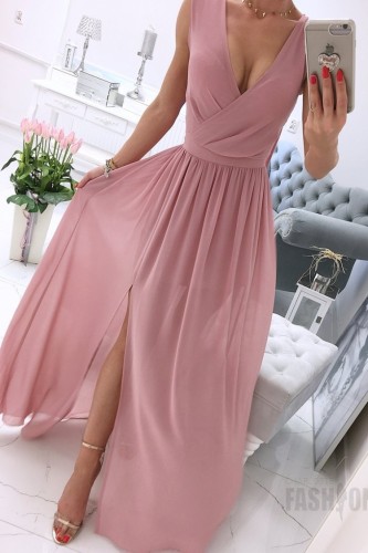 Vestido largo largo de gasa sin mangas con envoltura rosa informal de verano