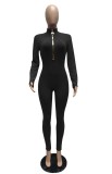 Autumn Black Zipper Long Sleeve Basic Bodycon Jumpsuit