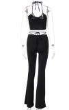 Summer Black Basic Ruched Halter Crop Top and Bell Trousers Set
