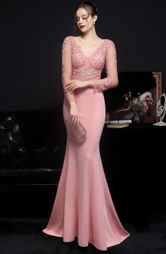 Autumn Occassional Formal Pink Lace Upper V-Neck Mermaid Evening Dress
