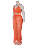 Summer Orange Fishnet Tassels Crop Top and Long Skirt 2 Piece Cover-Ups