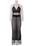 Summer Black Fishnet Tassels Crop Top and Long Skirt 2 Piece Cover-Ups