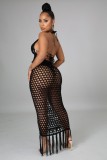 Summer Black Fishnet Tassels Crop Top and Long Skirt 2 Piece Cover-Ups