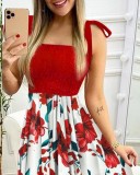 Summer Floral Pint Knotted Strap Maxi Sundress