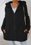 Autumn Polar Fleece Black Hooded Long Zipper Jacket with Pocket