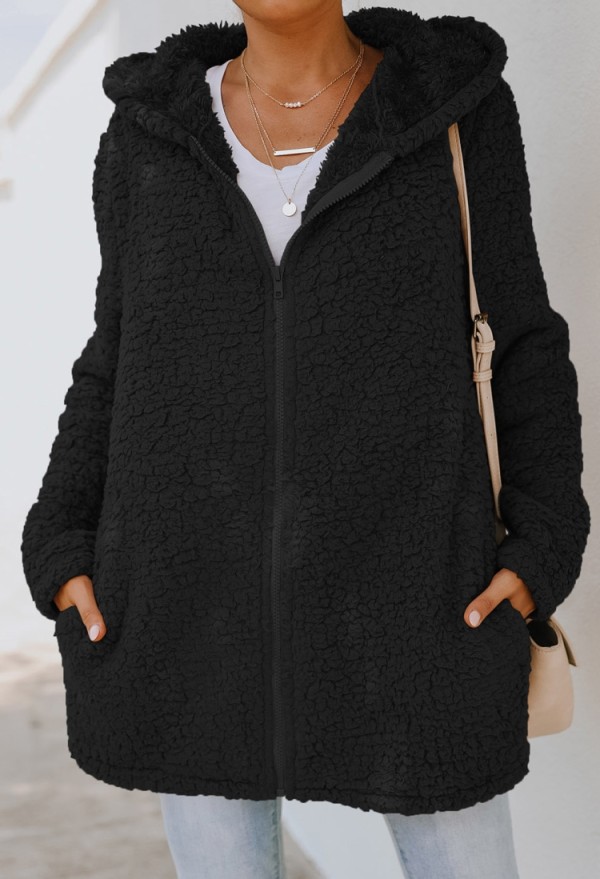 Autumn Polar Fleece Black Hooded Long Zipper Jacket with Pocket