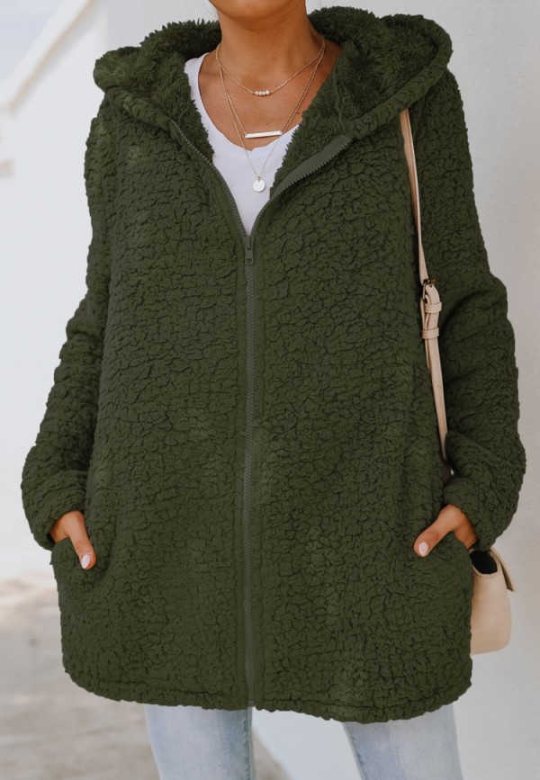 Autumn Polar Fleece Green Hooded Long Zipper Jacket with Pocket