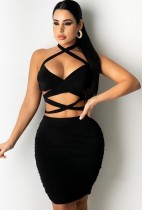 Summer Sexy Cut Out Black Halter Ruched Mini Dress