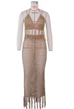 Summer Khaki Fishnet Tassels Crop Top and Long Skirt 2 Piece Cover-Ups