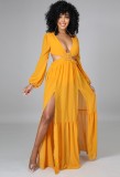 Autumn Yellow Sexy Cut Out V-Neck Sleeveless Slit Long Dress