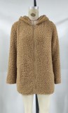 Autumn Polar Fleece Brown Hooded Long Zipper Jacket with Pocket