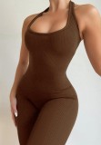 Summer Sports Brown Ribbed Sleeveless Basic Jumpsuit