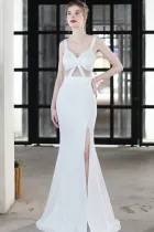 Summer Formal Occassional Strap Slit Mermaid Evening Dress White