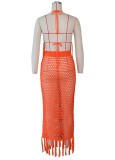 Summer Orange Fishnet Tassels Crop Top and Long Skirt 2 Piece Cover-Ups