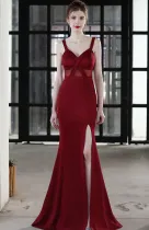 Summer Formal Occassional Strap Slit Mermaid Evening Dress Burgunry