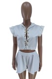 Summer White Sexy Lace-Up Crop Top and Wide Leg Shorts Set