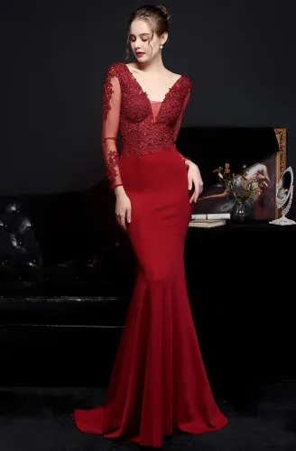 Autumn Occassional Formal Red Lace Upper V-Neck Mermaid Evening Dress