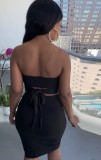 Conjunto de falda midi y top corto sin tirantes sexy negro fiesta de verano