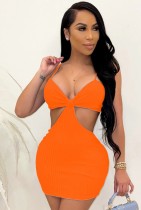 Summer Sexy Cut Out Ribbed Strap Bodycon Dress Orange