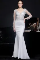 Autumn Wedding White Lace Upper V-Neck Mermaid Bridal Dress