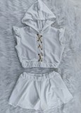 Summer White Sexy Lace-Up Crop Top and Wide Leg Shorts Set