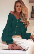 Autumn Puff Sleeves Button Up V-Neck Loose Sweater Coat Green