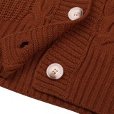 Autumn Puff Sleeves Button Up V-Neck Loose Sweater Coat Brown