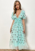 Summer aqua deep V-neck with waist stripe lace Cherry Sequins long dress
