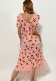 Summer pink deep V-neck with waist stripe lace Cherry Sequins long dress