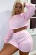 Autumn Casual Pink Long Sleeve Crop Top and Matching Shorts Set