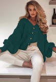 Autumn Puff Sleeves Button Up V-Neck Loose Sweater Coat Green