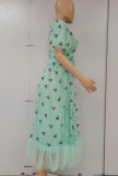 Summer aqua deep V-neck with waist stripe lace Cherry Sequins long dress