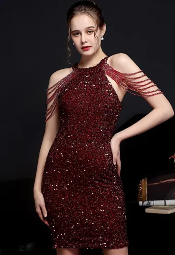 Summer red Sequins string shoulder midi elegant party deress