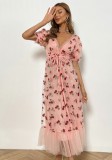 Summer pink deep V-neck with waist stripe lace Cherry Sequins long dress