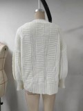 Autumn Puff Sleeves Button Up V-Neck Loose Sweater Coat White