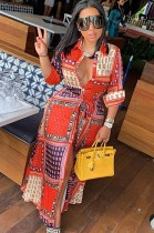 Herbst Casual Retro Print mit offenem Knopf langes Hemdkleid