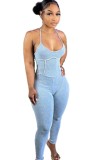 Summer Casual blue straps backless Jumpsuit