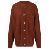 Autumn Puff Sleeves Button Up V-Neck Loose Sweater Coat Brown