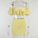 Summer yellow off shoulder sexy crop top and skirt set