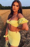 Summer yellow off shoulder sexy crop top and skirt set