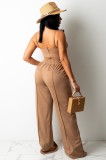Summer Casual Brown Basic Strap Vest and Sweatpants Matching Set