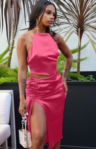 Summer sexy hot pink halter top y conjunto de falda con abertura lateral con cordón a juego